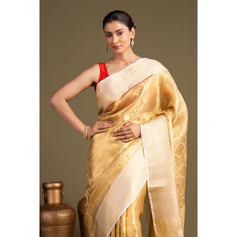 Zal from Benaras Golden Pure Katan Tissue Silk Banarasi Handloom Saree without Blouse Piece