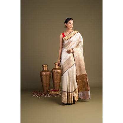 Zal from Benaras Brown Cream Pure Katan Zari Brocade Banarasi Handloom Saree without Blouse Piece