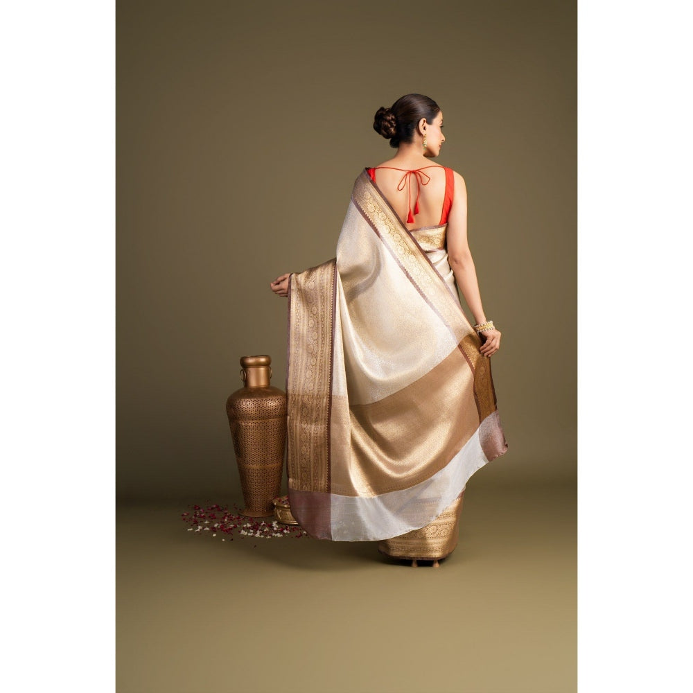 Zal from Benaras Brown Cream Pure Katan Zari Brocade Banarasi Handloom Saree without Blouse Piece