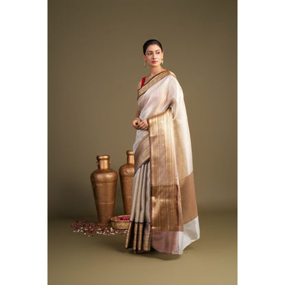 Zal from Benaras Brown Cream Pure Katan Zari Brocade Banarasi Handloom Saree without Blouse Piece
