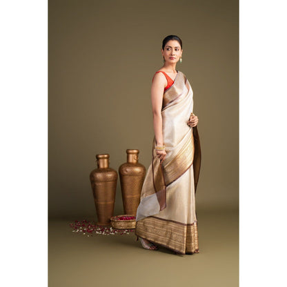 Zal from Benaras Brown Cream Pure Katan Zari Brocade Banarasi Handloom Saree without Blouse Piece