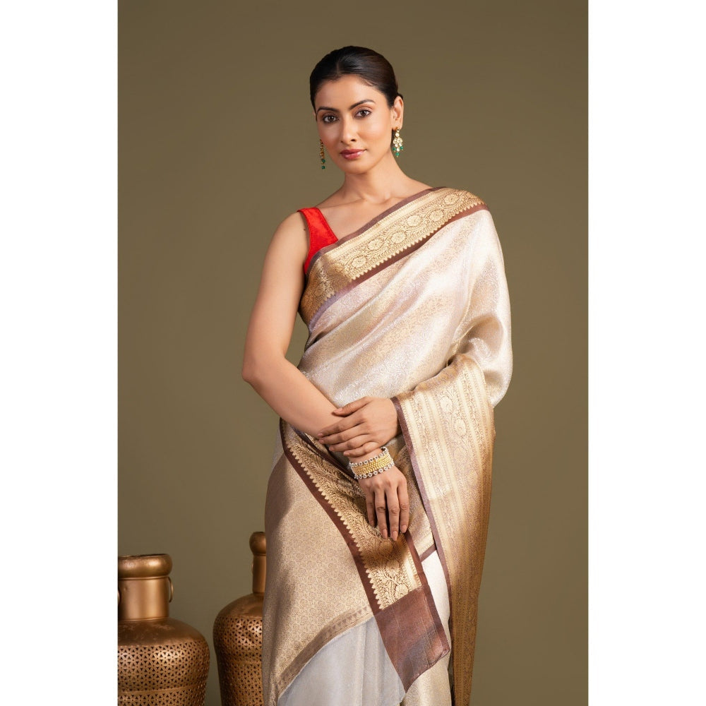 Zal from Benaras Brown Cream Pure Katan Zari Brocade Banarasi Handloom Saree without Blouse Piece