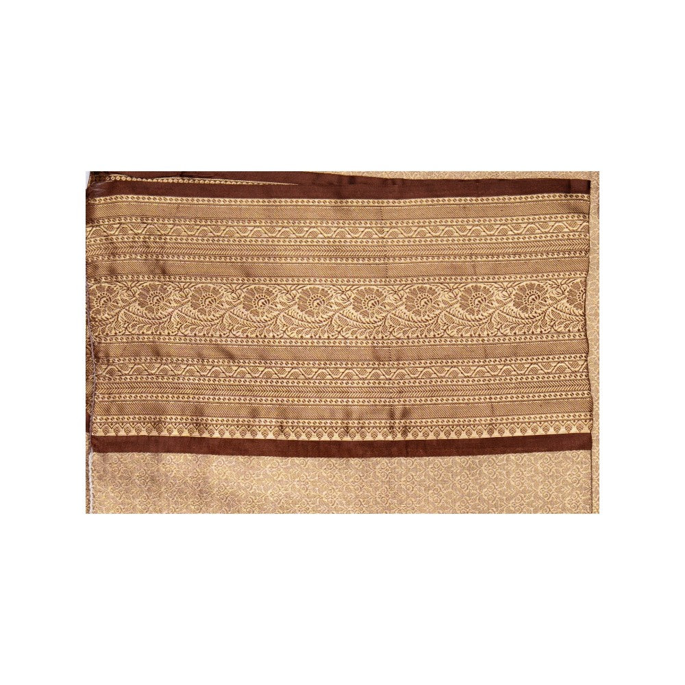 Zal from Benaras Brown Cream Pure Katan Zari Brocade Banarasi Handloom Saree without Blouse Piece