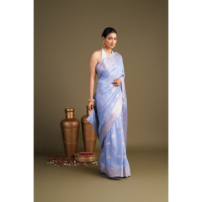 Zal from Benaras Ice Blue Pure Monga Silk Banarasi Handloom Saree without Blouse Piece