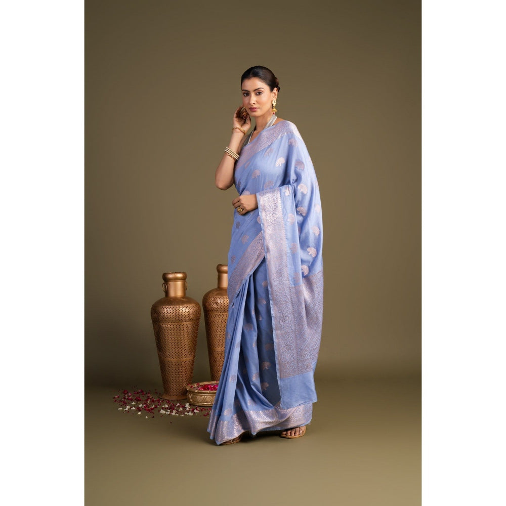 Zal from Benaras Ice Blue Pure Monga Silk Banarasi Handloom Saree without Blouse Piece