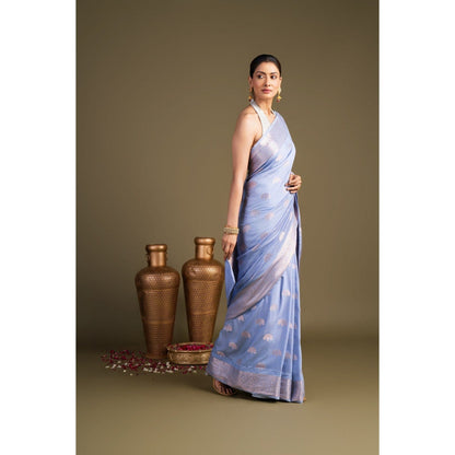 Zal from Benaras Ice Blue Pure Monga Silk Banarasi Handloom Saree without Blouse Piece