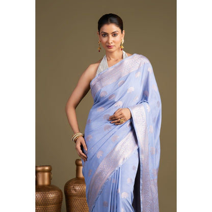 Zal from Benaras Ice Blue Pure Monga Silk Banarasi Handloom Saree without Blouse Piece