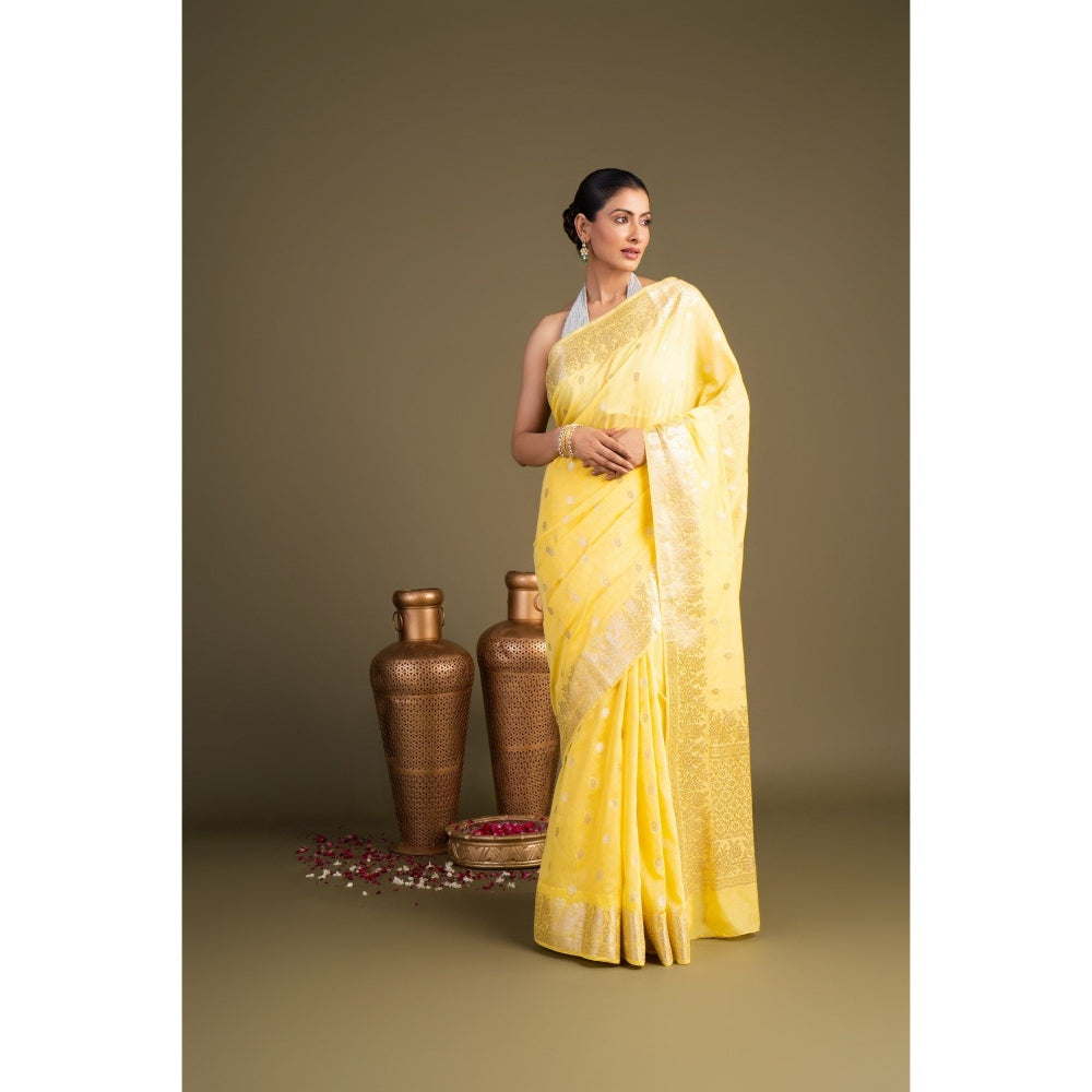 Zal from Benaras Lemon Yellow Pure Monga Silk Banarasi Handloom Saree without Blouse Piece