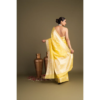 Zal from Benaras Lemon Yellow Pure Monga Silk Banarasi Handloom Saree without Blouse Piece