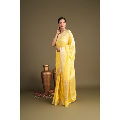 Zal from Benaras Lemon Yellow Pure Monga Silk Banarasi Handloom Saree without Blouse Piece