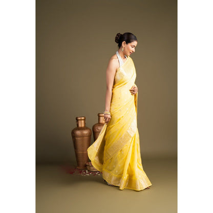 Zal from Benaras Lemon Yellow Pure Monga Silk Banarasi Handloom Saree without Blouse Piece