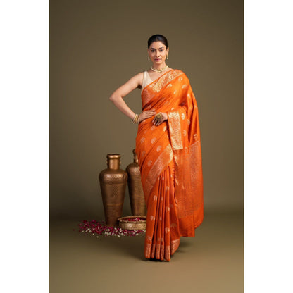 Zal from Benaras Orange Pure Monga Silk Banarasi Handloom Saree without Blouse Piece