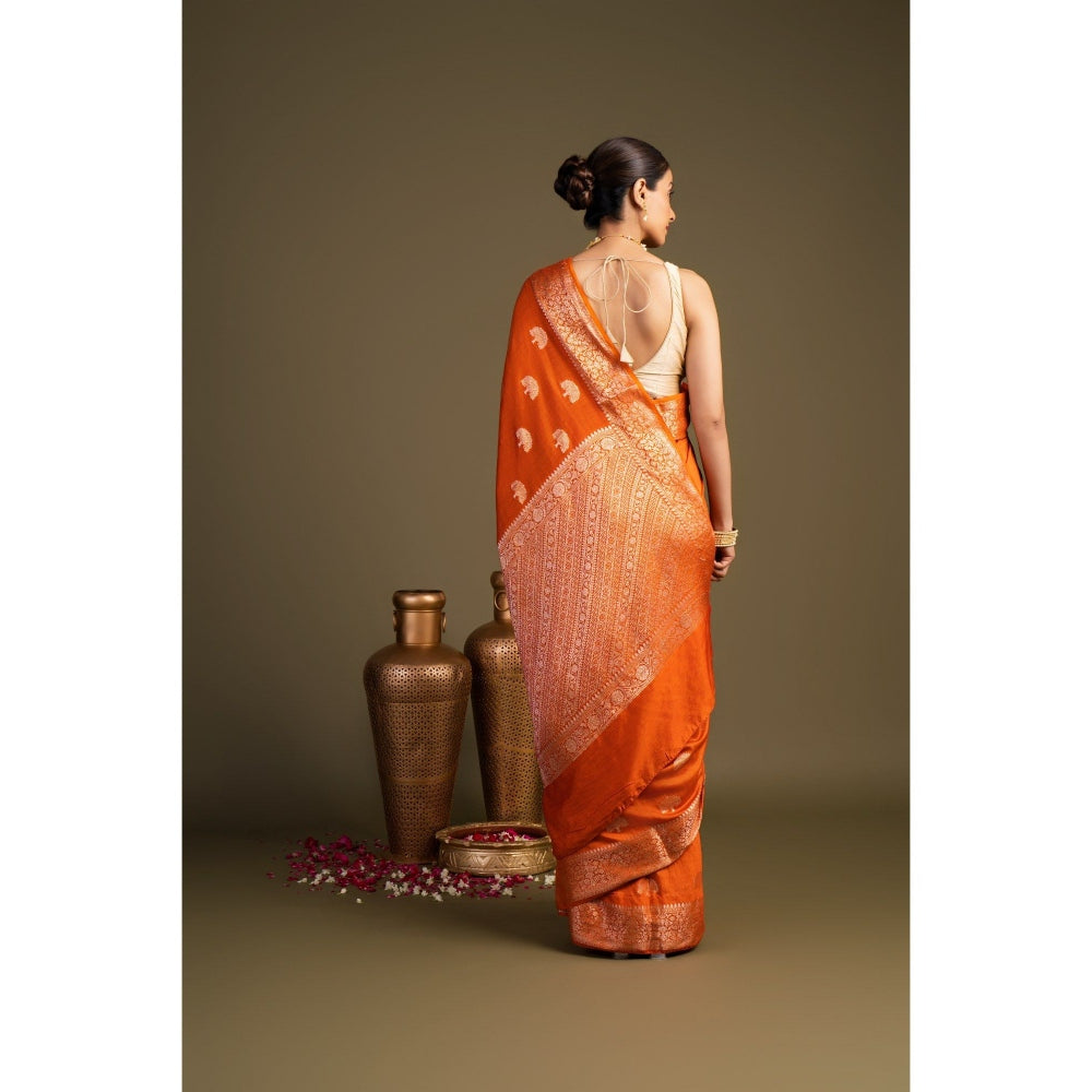 Zal from Benaras Orange Pure Monga Silk Banarasi Handloom Saree without Blouse Piece
