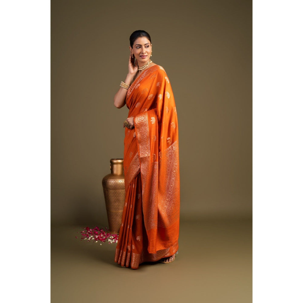 Zal from Benaras Orange Pure Monga Silk Banarasi Handloom Saree without Blouse Piece