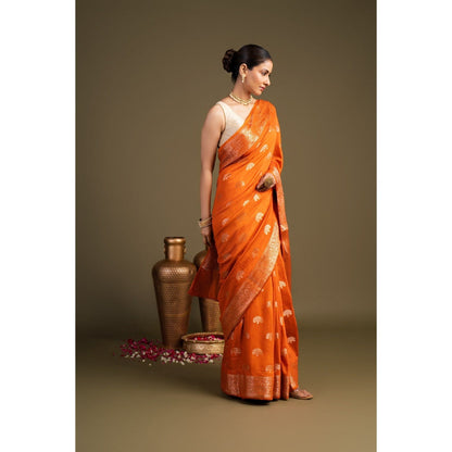 Zal from Benaras Orange Pure Monga Silk Banarasi Handloom Saree without Blouse Piece