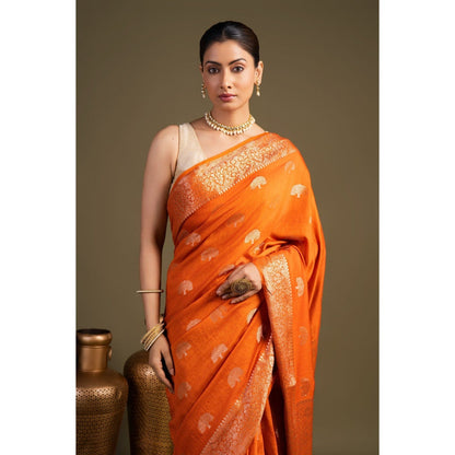 Zal from Benaras Orange Pure Monga Silk Banarasi Handloom Saree without Blouse Piece