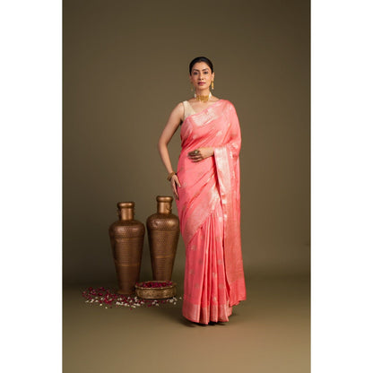 Zal from Benaras Peach Pure Monga Silk Banarasi Handloom Saree without Blouse Piece