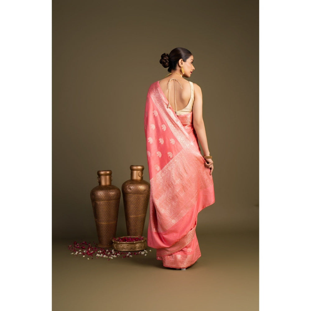 Zal from Benaras Peach Pure Monga Silk Banarasi Handloom Saree without Blouse Piece