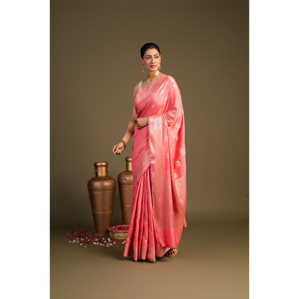 Zal from Benaras Peach Pure Monga Silk Banarasi Handloom Saree without Blouse Piece