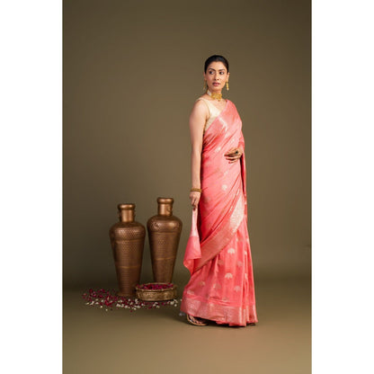 Zal from Benaras Peach Pure Monga Silk Banarasi Handloom Saree without Blouse Piece