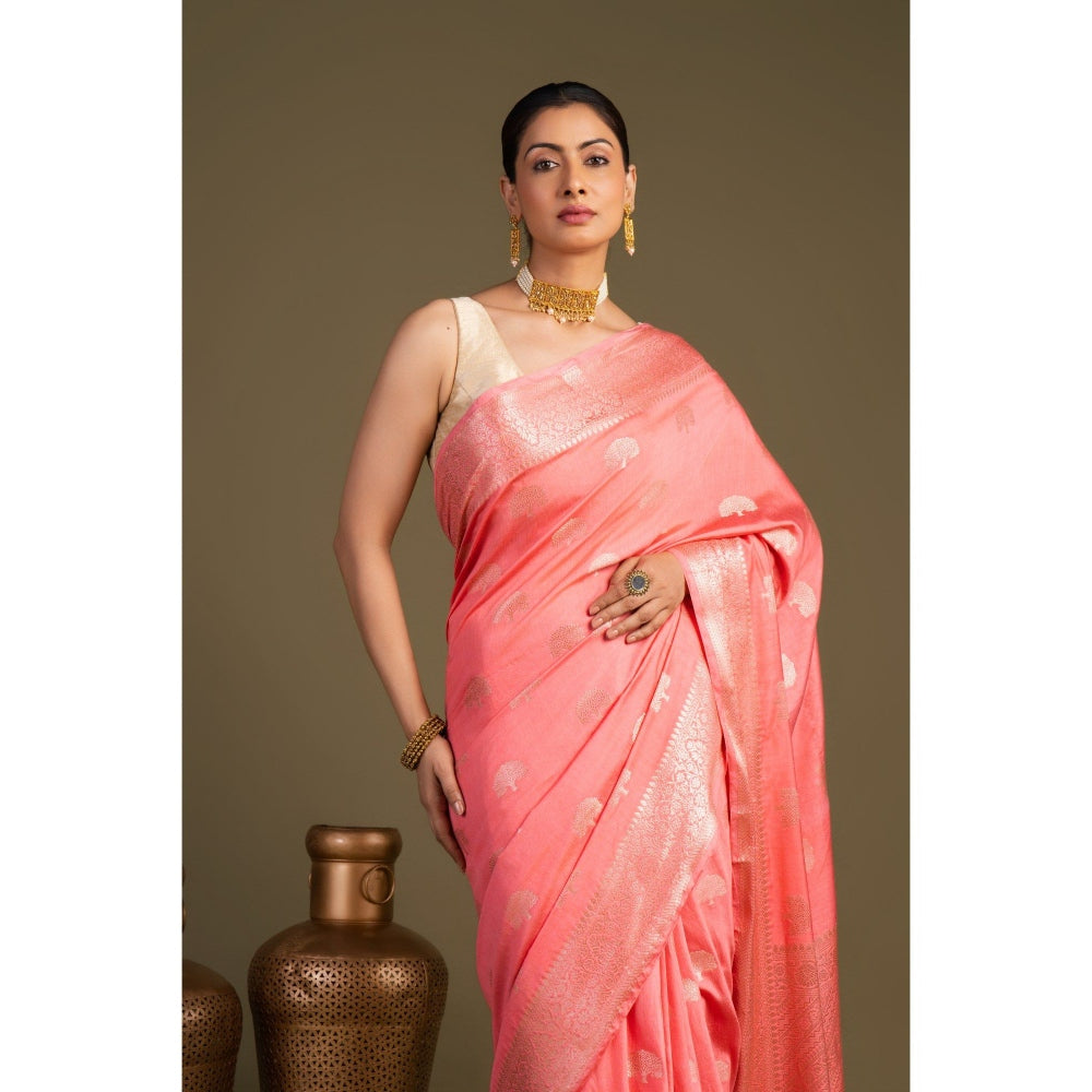 Zal from Benaras Peach Pure Monga Silk Banarasi Handloom Saree without Blouse Piece