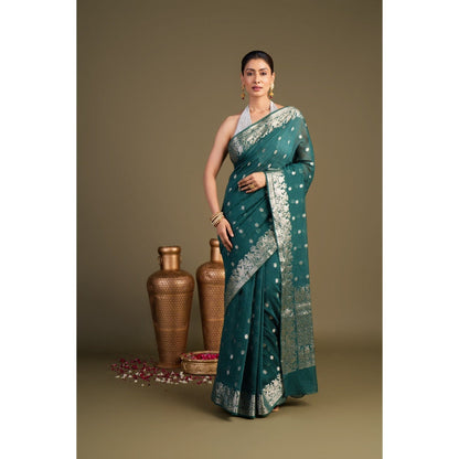 Zal from Benaras Teal Pure Monga Silk Banarasi Handloom Saree without Blouse Piece