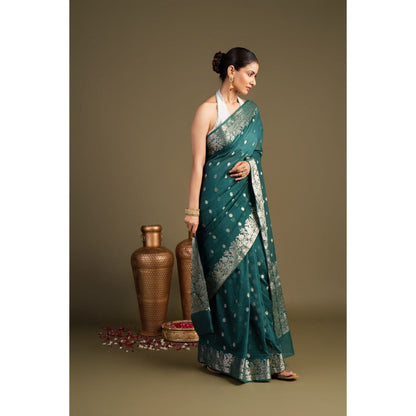 Zal from Benaras Teal Pure Monga Silk Banarasi Handloom Saree without Blouse Piece