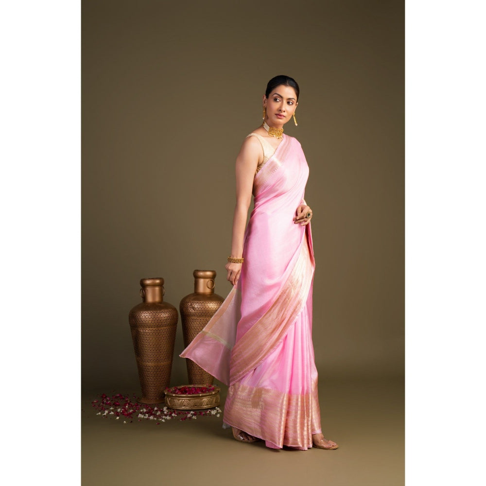 Zal from Benaras Pink Pure Silk Banarasi Handloom Saree without Blouse Piece