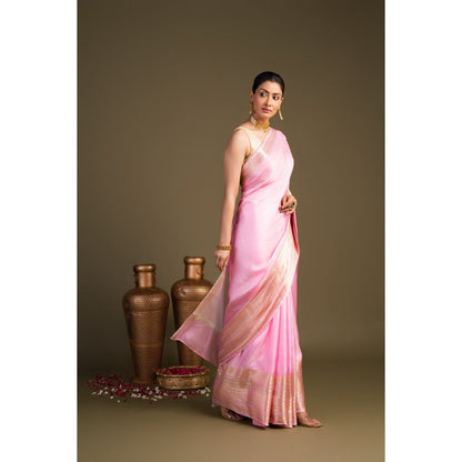 Zal from Benaras Pink Pure Silk Banarasi Handloom Saree without Blouse Piece