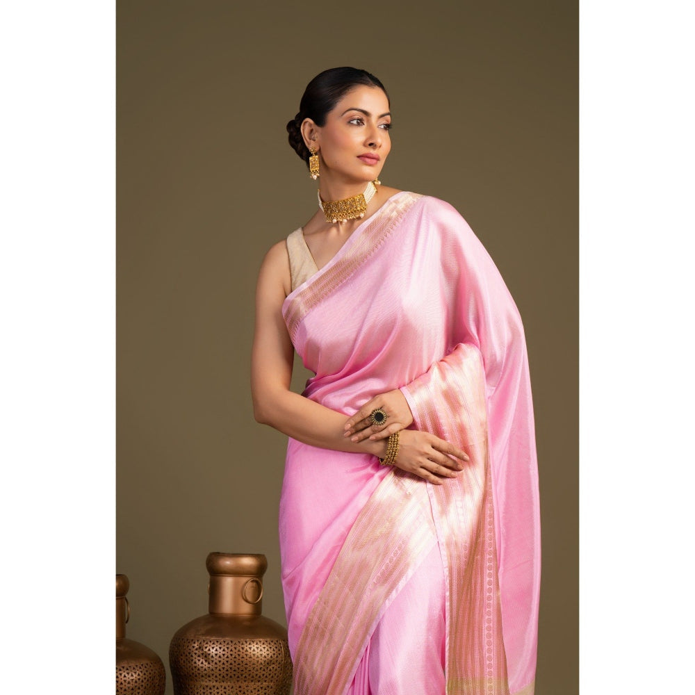 Zal from Benaras Pink Pure Silk Banarasi Handloom Saree without Blouse Piece