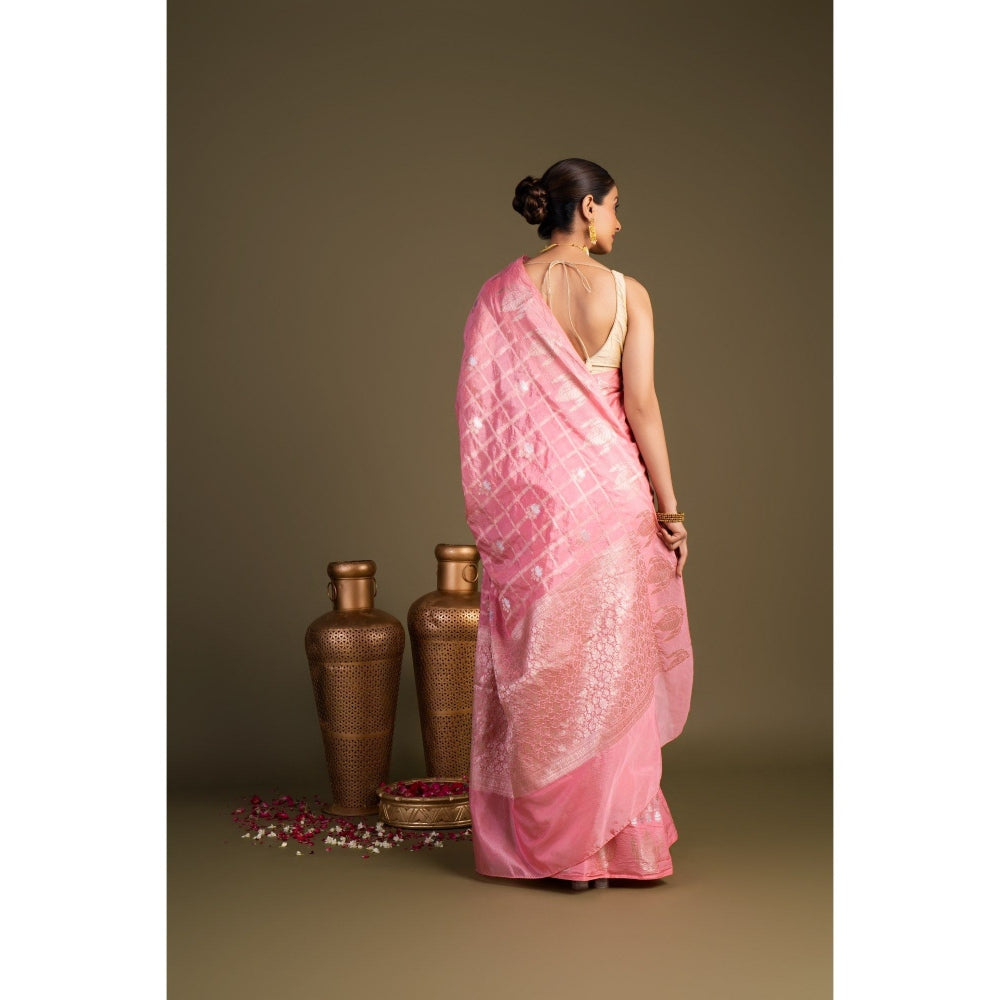 Zal from Benaras Baby Pink Pure Silk Banarasi Handloom Saree without Blouse Piece