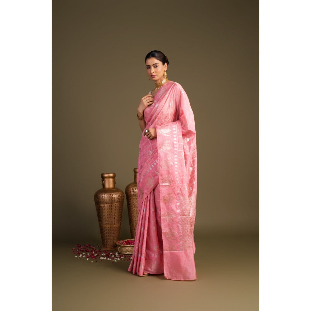 Zal from Benaras Baby Pink Pure Silk Banarasi Handloom Saree without Blouse Piece