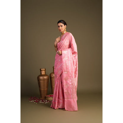 Zal from Benaras Baby Pink Pure Silk Banarasi Handloom Saree without Blouse Piece