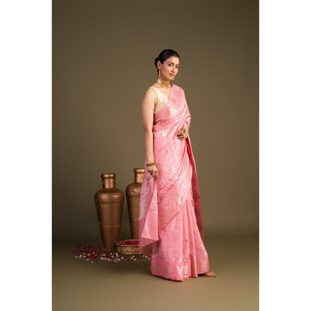 Zal from Benaras Baby Pink Pure Silk Banarasi Handloom Saree without Blouse Piece
