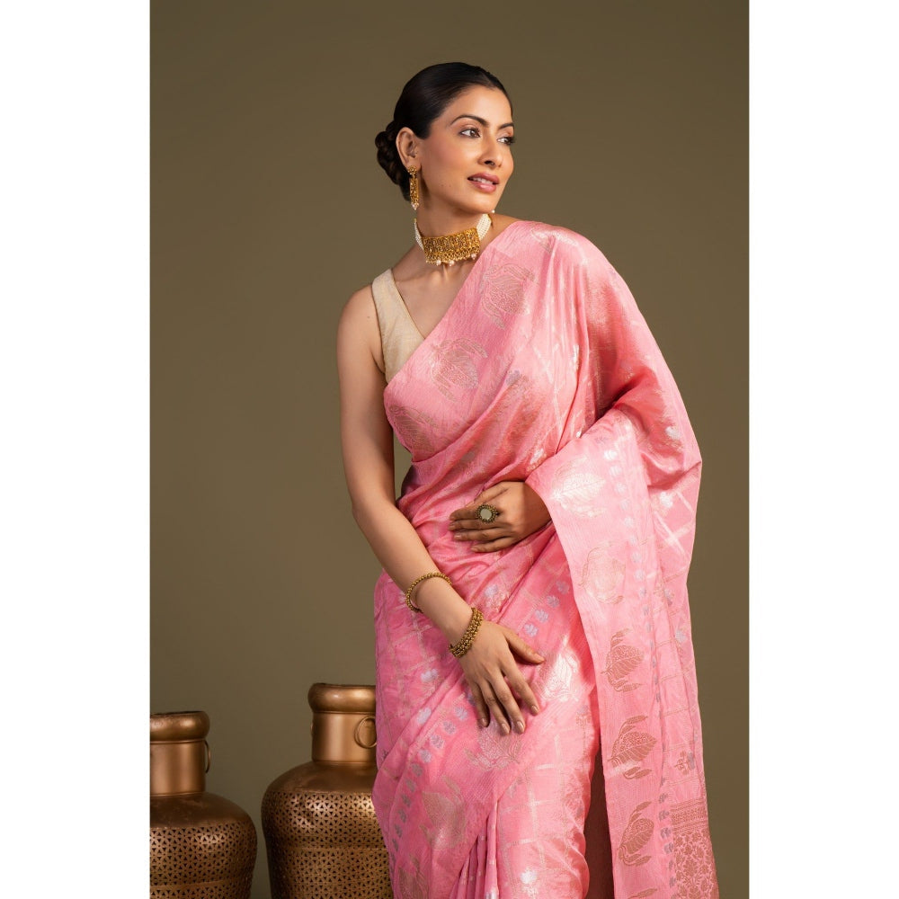 Zal from Benaras Baby Pink Pure Silk Banarasi Handloom Saree without Blouse Piece