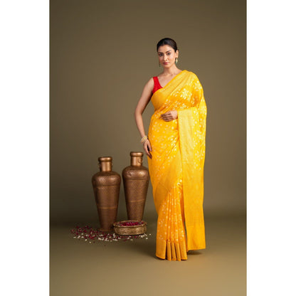 Zal from Benaras Bright Yellow Pure Silk Banarasi Handloom Saree without Blouse Piece