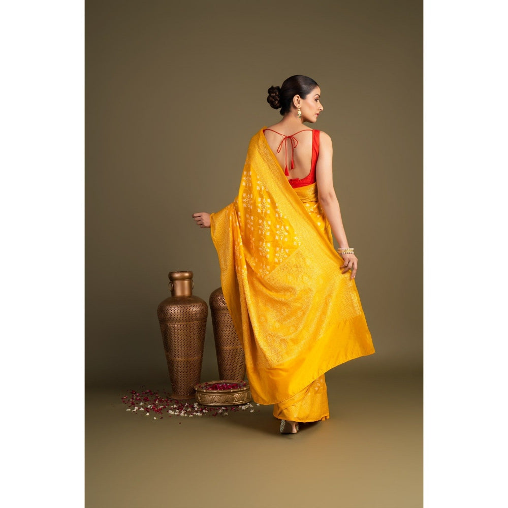 Zal from Benaras Bright Yellow Pure Silk Banarasi Handloom Saree without Blouse Piece