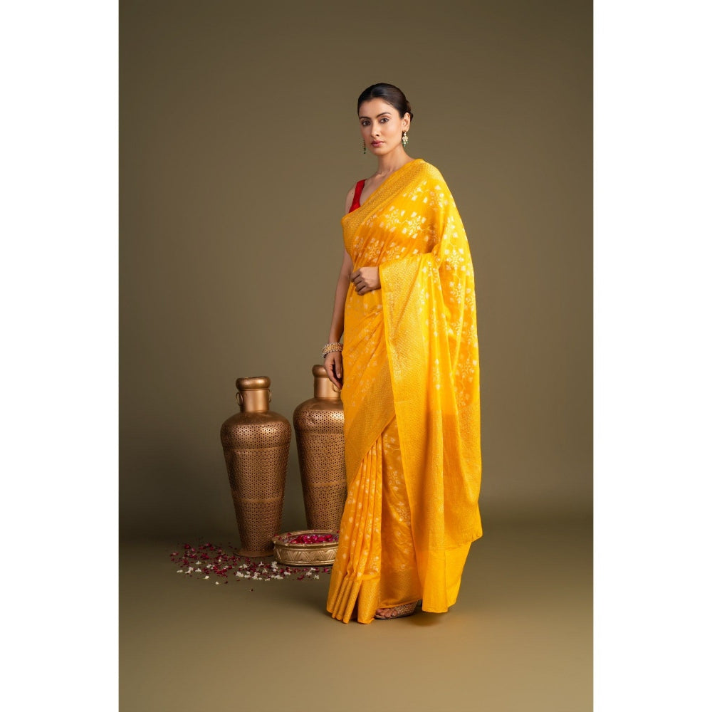 Zal from Benaras Bright Yellow Pure Silk Banarasi Handloom Saree without Blouse Piece
