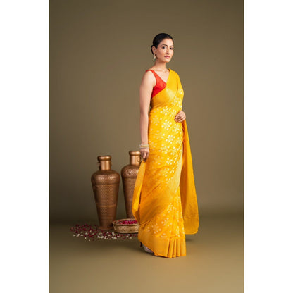 Zal from Benaras Bright Yellow Pure Silk Banarasi Handloom Saree without Blouse Piece