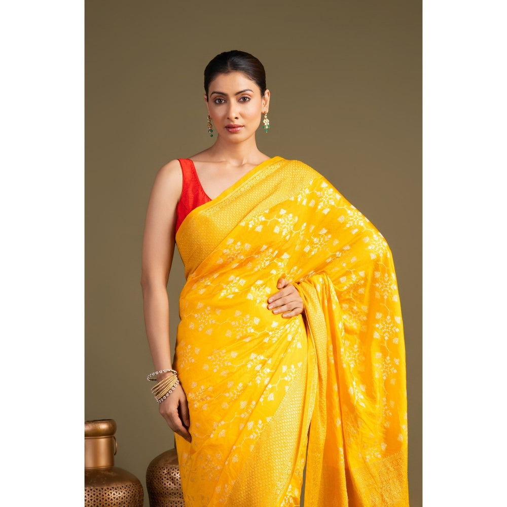 Zal from Benaras Bright Yellow Pure Silk Banarasi Handloom Saree without Blouse Piece