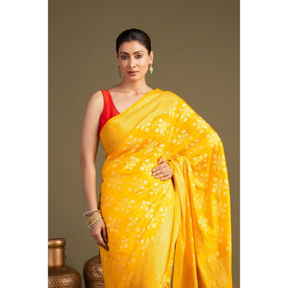 Zal from Benaras Bright Yellow Pure Silk Banarasi Handloom Saree without Blouse Piece