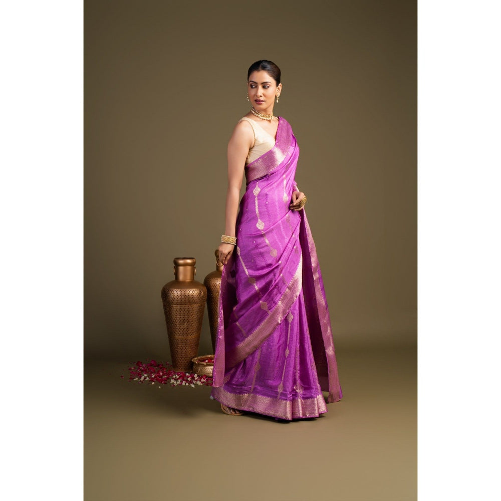 Zal from Benaras Lavender Pure Silk Banarasi Handloom Saree without Blouse Piece