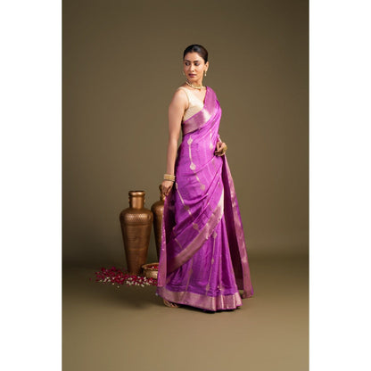 Zal from Benaras Lavender Pure Silk Banarasi Handloom Saree without Blouse Piece