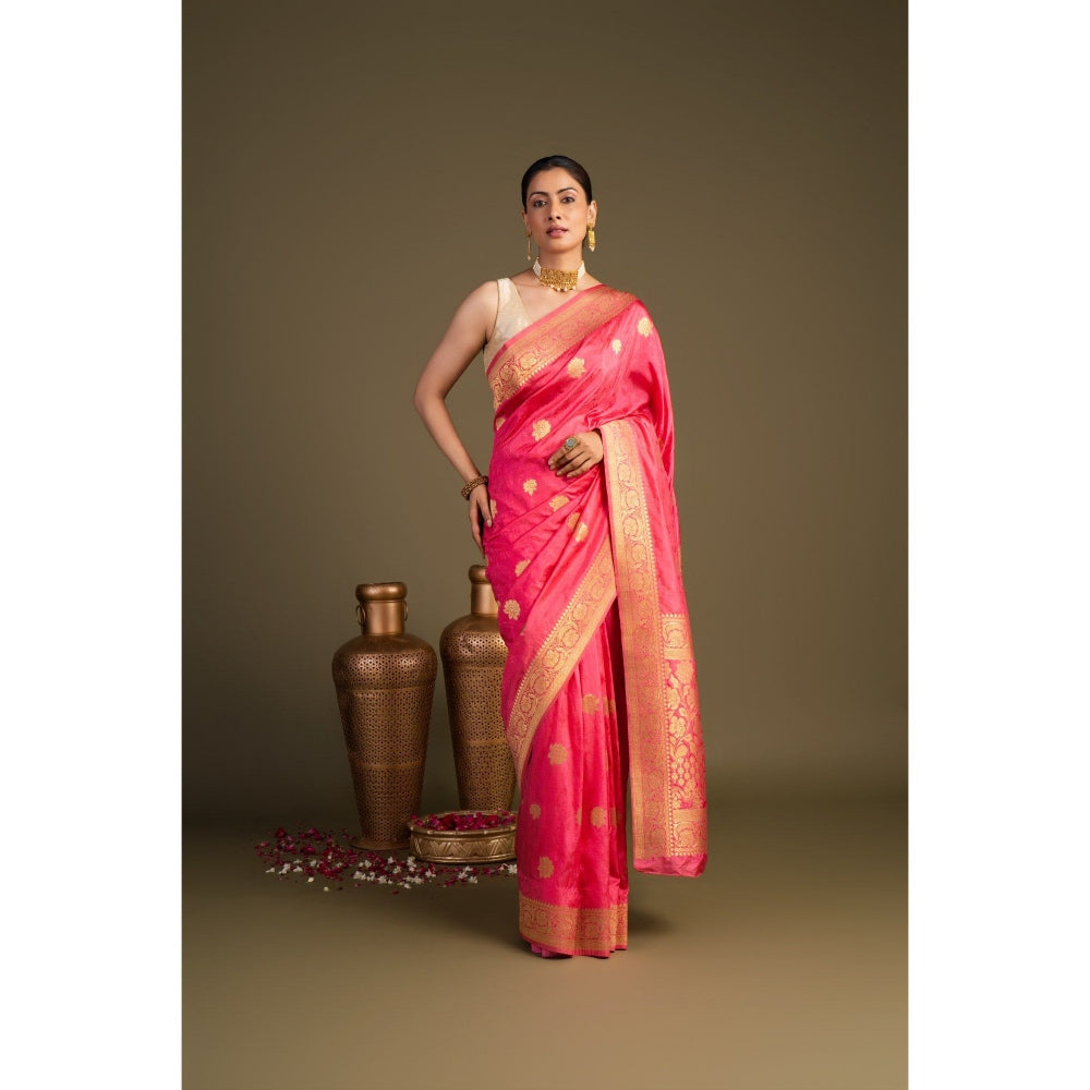 Zal from Benaras Coral Pure Silk Banarasi Handloom Saree without Blouse Piece