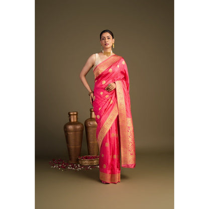 Zal from Benaras Coral Pure Silk Banarasi Handloom Saree without Blouse Piece