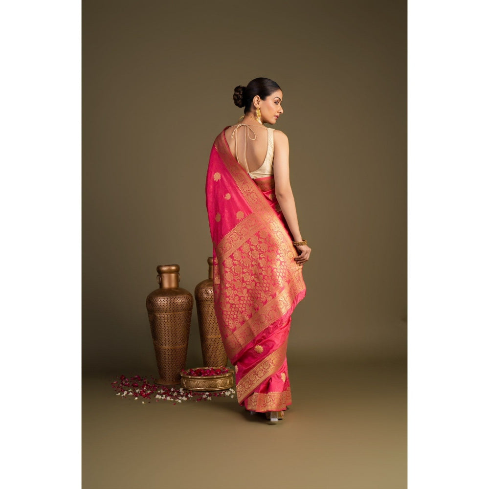 Zal from Benaras Coral Pure Silk Banarasi Handloom Saree without Blouse Piece