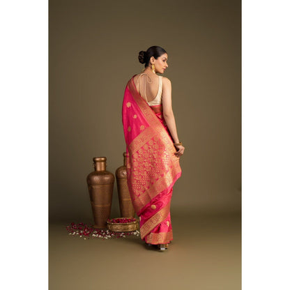 Zal from Benaras Coral Pure Silk Banarasi Handloom Saree without Blouse Piece