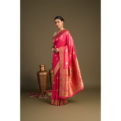 Zal from Benaras Coral Pure Silk Banarasi Handloom Saree without Blouse Piece
