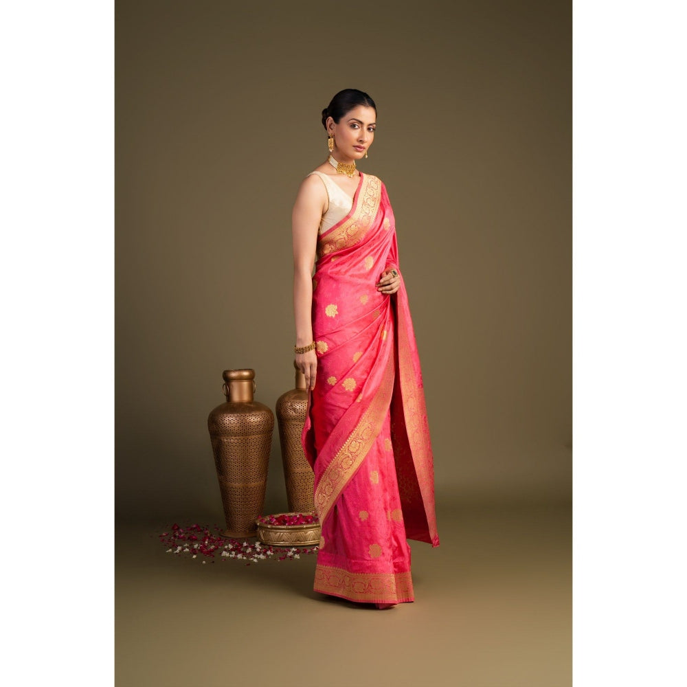Zal from Benaras Coral Pure Silk Banarasi Handloom Saree without Blouse Piece
