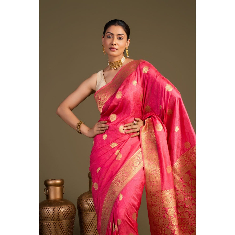 Zal from Benaras Coral Pure Silk Banarasi Handloom Saree without Blouse Piece